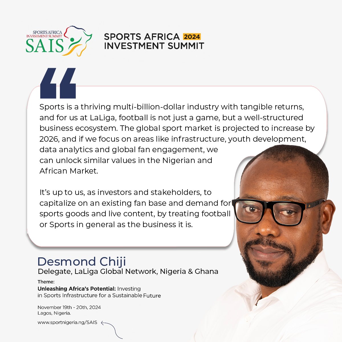 SportNigeriaGTE's tweet photo. Guess who’s back? 
We’re officially in countdown mode—just 20 days to go till #SAIS2024 lands in Lagos!

🗓 19th - 20th Nov
📍 Lagos Continental Hotel
Slots are running out fast!
Lock yours in NOW:  https://t.co/s6ecRLqmN2

#InvestInSports #AfricaUnleashed #SportsInfrastructure https://t.co/fG0McXSoPV