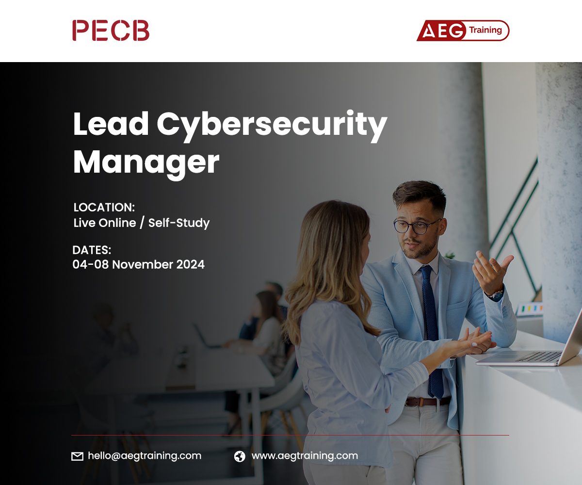 PECB (@pecb) on Twitter photo Join our partner AEG Training on their upcoming Lead Cybersecurity Manager training course.
For additional information please contact hello@aegtraining.com Join our partner AEG Training on their upcoming Lead Cybersecurity Manager training course.
For additional information please contact hello@aegtraining.com
