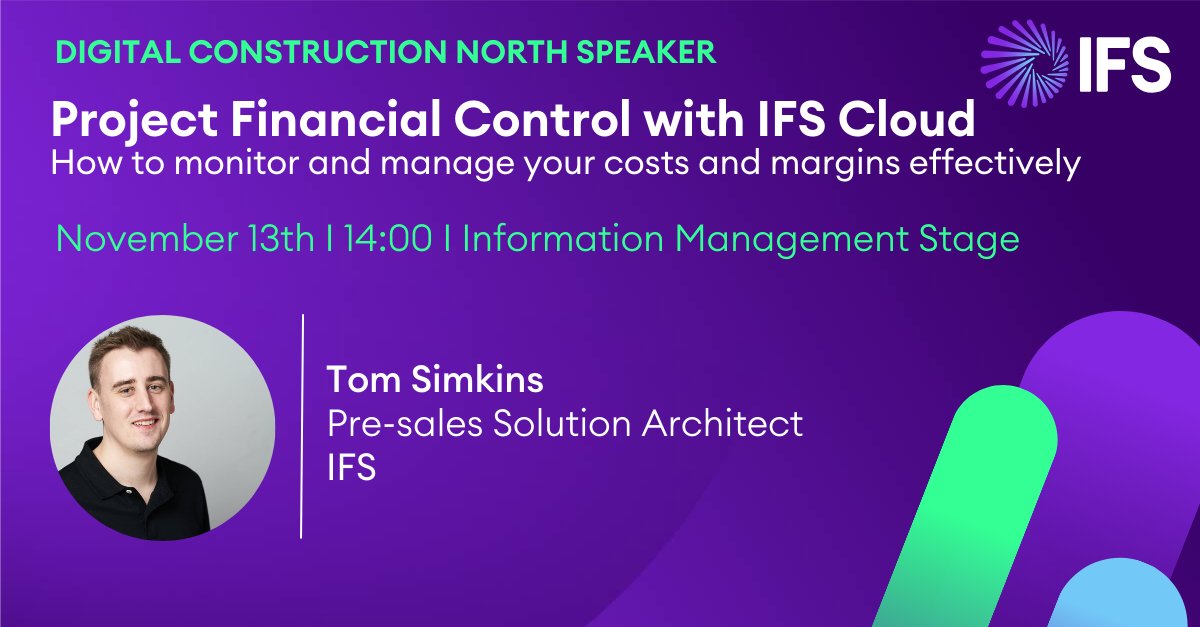 Join Us at Digital Construction Week North! 🚧
Come listen to one of our leading experts, Tom Simkins, as he takes the stage to share invaluable insights on how IFS Cloud can transform your project financial control and boost profitability.

Find out more: ifs.link/WiXHnY