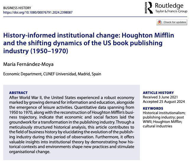 businesshistory (@bh__journal) on Twitter photo #bizhis #ResearchArticle just published! 🔥 @Routledge_Econ
History-informed institutional change: #publishingindustry #HoughtonMifflin
doi.org/10.1080/000767…
by María Fernández-Moya
<a href="/HMHCo/">HMH Education</a> <a href="/CUNEF/">CUNEF Universidad</a>
Supported by <a href="/CienciaGob/">Ministerio de Ciencia, Innovación y Universidades</a> and <a href="/HarvardHBS/">Harvard Business School</a> <a href="/DianaMorantR/">Diana Morant</a> #bizhis #ResearchArticle just published! 🔥 @Routledge_Econ
History-informed institutional change: #publishingindustry #HoughtonMifflin
doi.org/10.1080/000767…
by María Fernández-Moya
<a href="/HMHCo/">HMH Education</a> <a href="/CUNEF/">CUNEF Universidad</a>
Supported by <a href="/CienciaGob/">Ministerio de Ciencia, Innovación y Universidades</a> and <a href="/HarvardHBS/">Harvard Business School</a> <a href="/DianaMorantR/">Diana Morant</a>