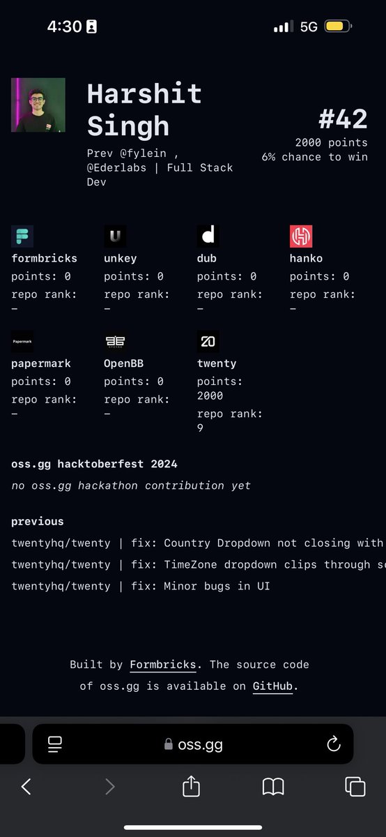 SinghHarshit46's tweet image. Ending the October at #42 rank in 🕹️oss ranking. Glad to be a part here 🙌🏻
oss.gg/harshit078
#buildinpublic #opensouce @kirat_tw