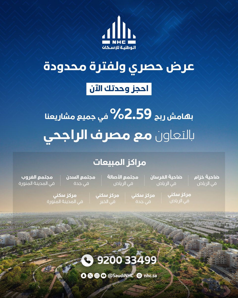 SaudiNHC's tweet image. لفترة محدودة: امتلك وحدتك السكنية في مشاريع #NHC بهامش ربح مميز 2.59% من مصرف الراجحي @alrajhibank.

احجز وحدتك الآن: 
nhc.sakani.sa/marketplace
