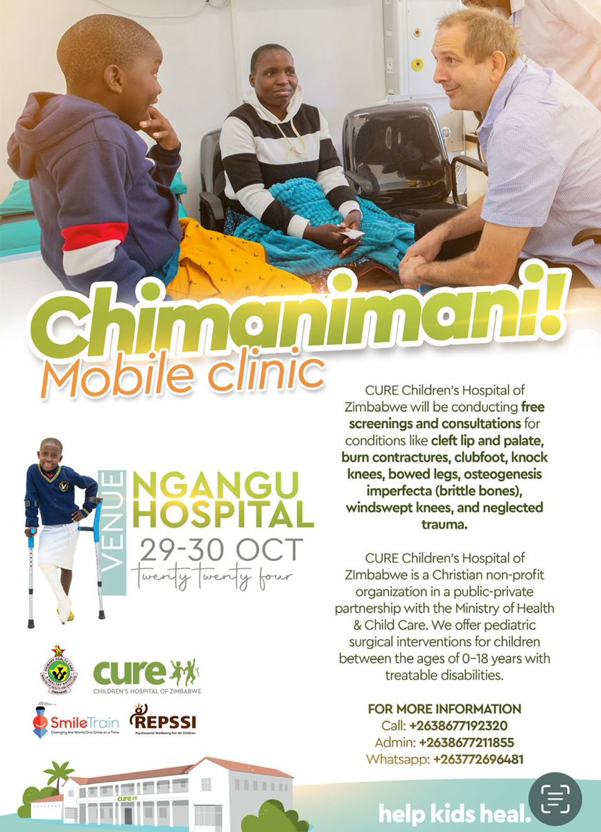 📌 Ngangu Hospital

Day 1 of the Chimanimani Mobile Clinic is finally here! <a href="/curezimbabwe/">CURE Children's Hospital of Zimbabwe</a> &amp; <a href="/RepssiZim/">Repssi Zimbabwe</a> invite children under 18 with treatable disabilities for FREE screening &amp; consultation.

🟤 Clubfoot
🟤 Knock-knees
🟤 Bowed legs
🟤 Brittle bones
Make a difference with us🤍
