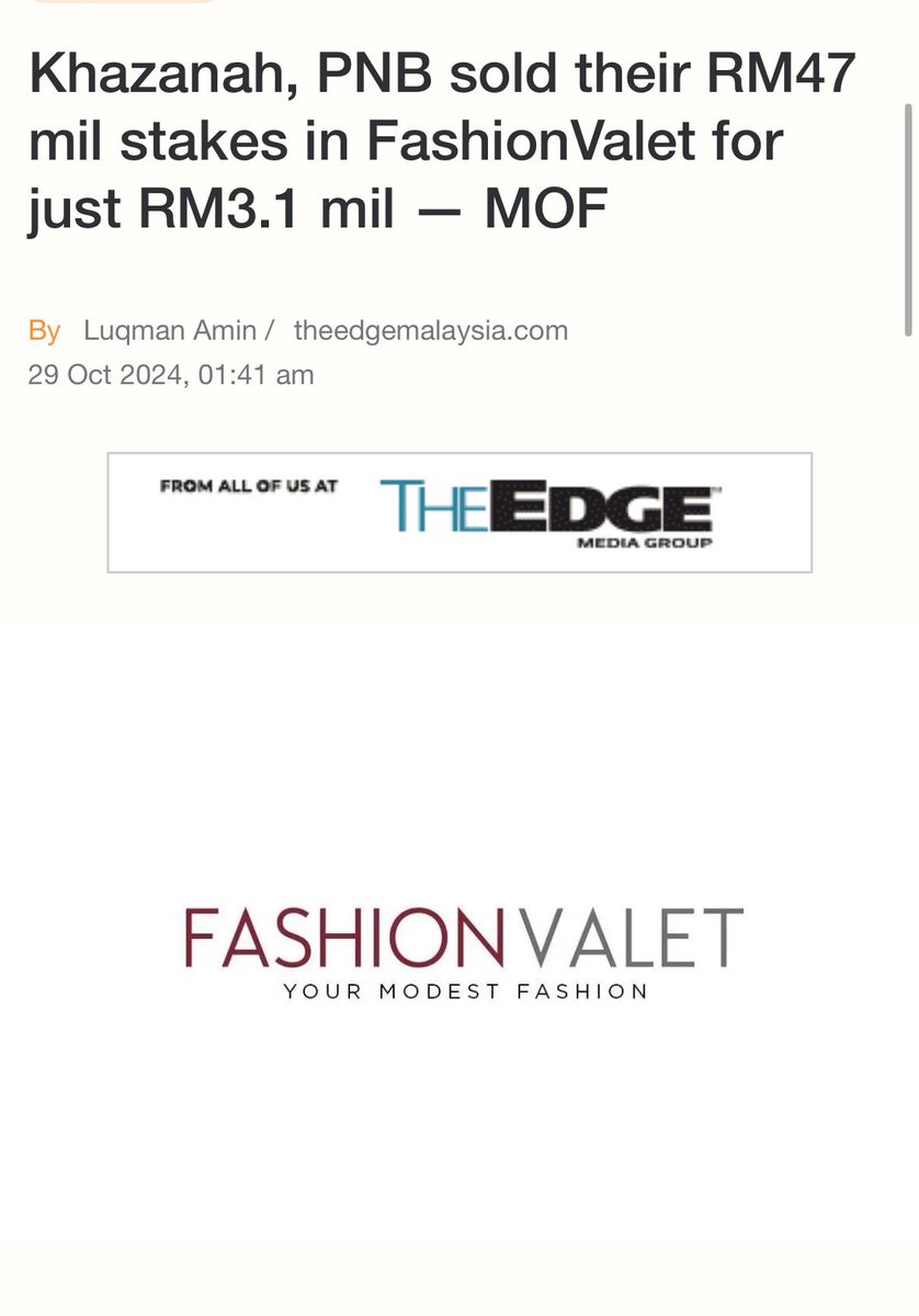 TAHNIAH VIVY! TAHNIAH PNB! TAHNIAH KHAZANAH!

Aku ingatkan baliklah cerita ini. Yang dapat pelaburan PNB dan Khazanah ini adalah syarikat Fashion Valet milik Vivy dan suami.

Dalam masa yang sama syarikat Duck (30 Maple) jadi vendor atau supplier kepada Fashion Valet pun milik