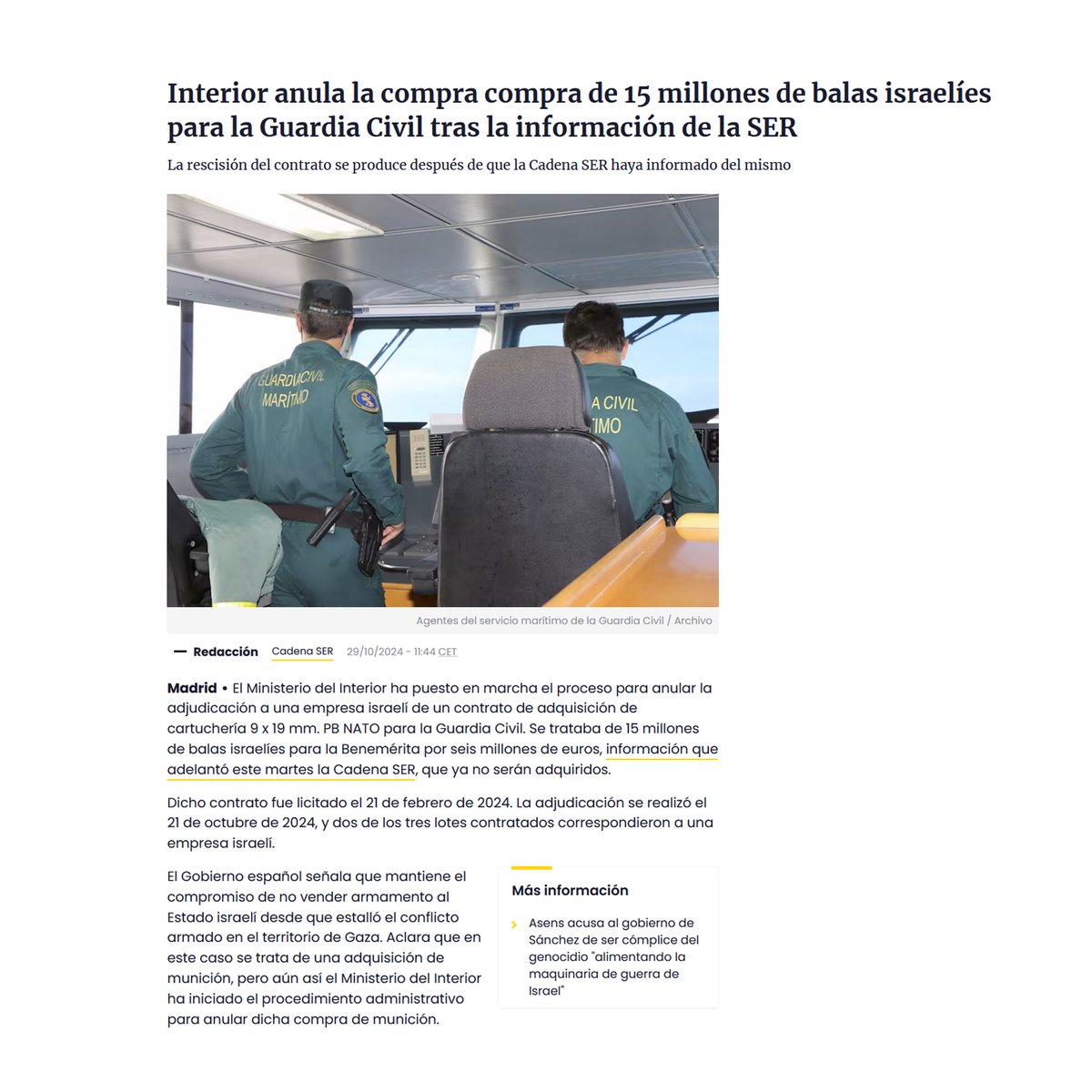 Acabamos de conocer la noticia de que esta compra se ha anulado. Nos alegramos de que ante la presión popular y de las organizaciones el Ministerio haya rectificado.

Esta victoria nos da aliento para las siguientes batallas. Hay que cortar ya las relaciones con Israel.