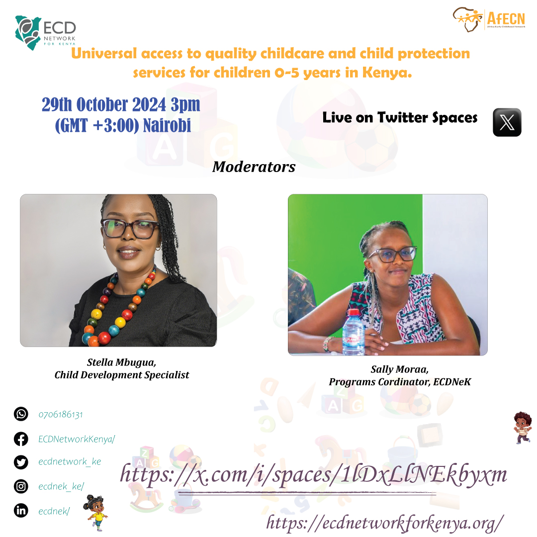 ecdnetwork_ke's tweet photo. 🎙 Meet our skilled moderators who will guide today’s Twitter Space on Universal Access to Quality Childcare and Child Protection Services for Children 0-5 Years in Kenya! @stellashiku @sally_moraa 

https://t.co/o5QAtD5Trc https://t.co/g0POHO2GJd