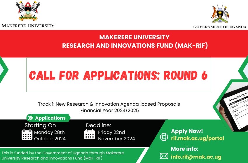 The Mak-RIF Round 6 Call for Applications is now OPEN. We are receiving applications under Track 1: New Research and Innovation Agenda - based Proposals for Financial Year 2024/2025. For more information, visit rif.mak.ac.ug/call-for-appli…