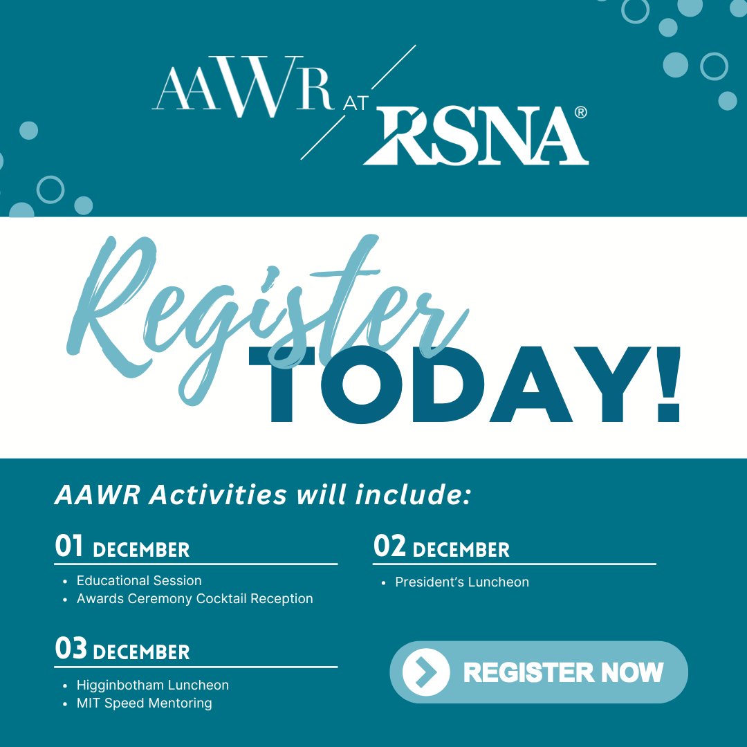 Don't miss out on the exciting events AAWR has planned for RSNA 2024! From educational sessions to career development workshops and award ceremonies, there's something for everyone. Register now to make the most of your RSNA experience.
 
Learn more: bit.ly/3TRVBRB