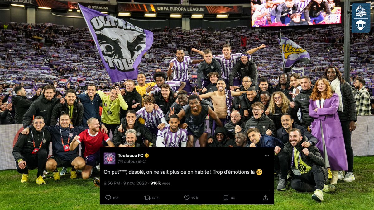 Footballogue's tweet photo. C'était il y a déjà 1 an aujourd'hui : la victoire historique de Toulouse contre Liverpool (3-2) en Ligue Europa ! 🤩💜

L'un des plus beaux succès d'un club français en coupe d'Europe sur ces dernières années, au point de faire craquer le CM du @ToulouseFC... 🤣 https://t.co/0AILN05tCh