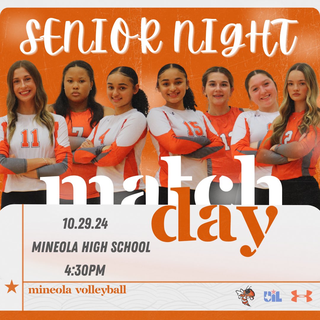 It’s match day for your lady yellowjackets!! This is our last district game and it’s senior night!🥺 Come out and support these girls tonight!!🧡🏐 <a href="/MineolaFB/">Mineola Football</a> <a href="/MineolaISD/">Mineola ISD</a> <a href="/mineolahigh/">Mineola High School - Mineola, Texas</a> <a href="/coach_LB1/">Luke Blackwell</a> <a href="/CodyMize/">Cody Mize</a> 
Ticket Link: secure.payk12.com/school/Mineola…
