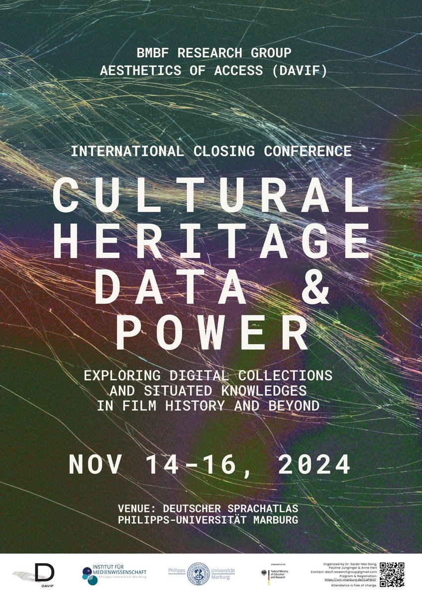 Don’t forget to register for our closing conference "Cultural Heritage Data &amp; Power", which will take place Nov 14–16, 2024 at Philipps-Universität Marburg!✨

Registration is open until Thursday, Oct 31, 2024.

👉 uni-marburg.de/CaPWG1

#DAVIF #DH #DataFeminism #DigitalMethods