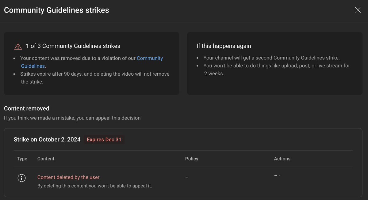 Cryptas_'s tweet photo. @TeamYouTube We got a strike on October 2nd. and got restricted for 2 weeks. Now almost 1 month later, we still can´t upload new content on our channel. Would appreciate if you could look into this. https://t.co/2bzQYXWkUT