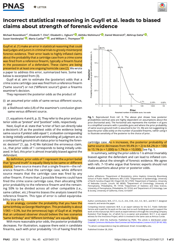 This is an interesting (and short) paper about biases in forensic evidence.

It argues that "an error in statistical reasoning," found in a 2023 paper, is leading to "highly inflated claims" and potentially biasing evidence against a defendant in an ongoing homicide case.
