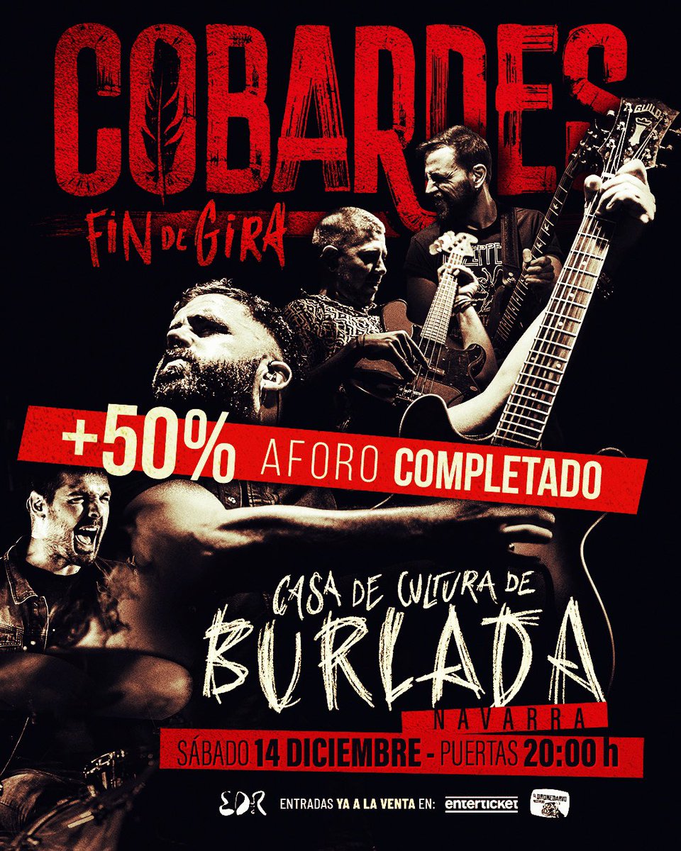 Burlada, estamos viviendo un sueño. 🤘🏻 Hace pocos días que activamos entradas y ya está completo más de la mitad del aforo!!! Gracias de corazón. Sabemos que va a ser una gran noche y nos emociona que hayáis recibido esta fecha con la misma ilusión.

🎟️ enterticket.es/eventos/cobard…