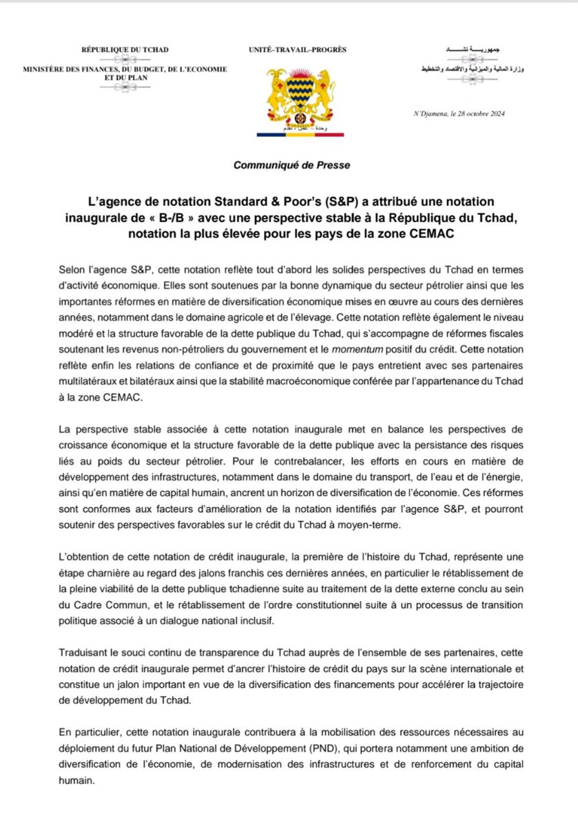 Alidjadda's tweet photo. S&amp;P a attribué une notation
inaugurale de « B-/B » avec une perspective stable à la République du Tchad. Cette notation la plus élevée pour les pays de la zone CEMAC. Bravo au Ministre d'Etat, à toute l'équipe du Ministère des Finances et aux partenaires qui nous ont accompagné. https://t.co/RlcR8ECRpv