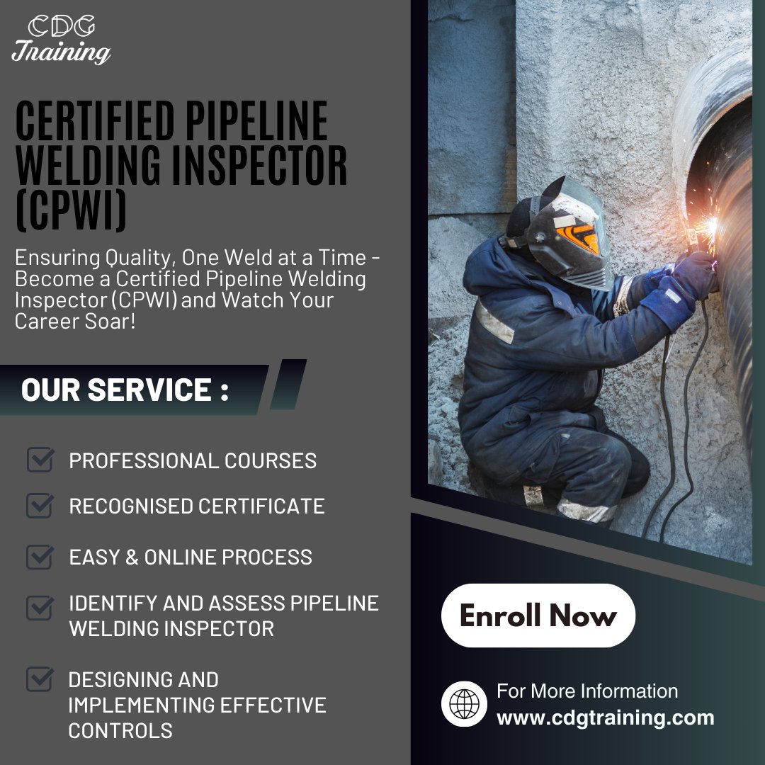 cdgtrainings's tweet image. 🔧Certified Pipeline Welding Inspector (CPWI)🔧

Advance your career in pipeline inspection with our **Certified Pipeline Welding Inspector (CPWI) Course**

👉Enroll now: cdgtraining.com/courses/Certif…

#pipelinewelding #weldinginspection #pipelineinspector #cpwicourse #cdgtraining