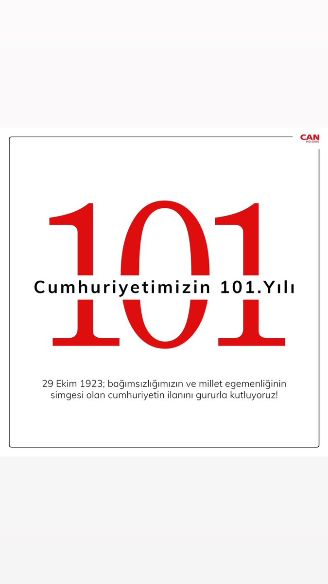 29 Ekim Cumhuriyet Bayramımız Kutlu Olsun!
101 yıl önce bugün; Türkiye Büyük Millet Meclisi'nde Cumhuriyetin ilan edilmesiyle beraber halk iradesi, eşitlik ve özgürlük ilkelerine dayanan yeni bir geleceğe adım attık.  Gururla, umutla, daha nice yıllara!

#29EkimCumhuriyetBayramı