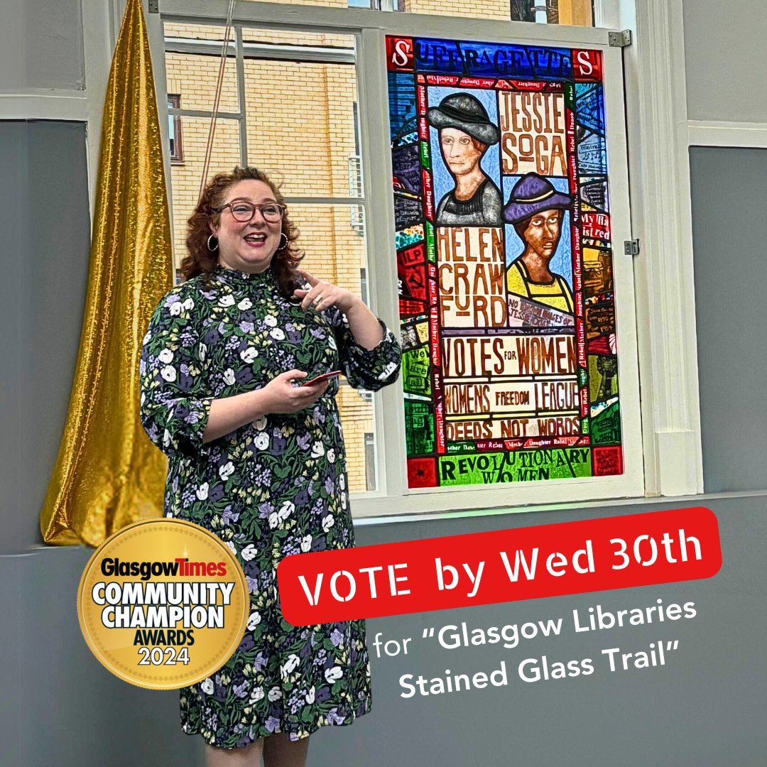 🎉🤩 Delighted for Kiera McLean &amp; the <a href="/GlasgowLib/">Glasgow Libraries</a> Stained Glass Window Trail–nominated for a <a href="/Glasgow_Times/">Glasgow Times</a> community champion award!

Featuring #Suffragettes #JessieSoga &amp; #HelenCrawfurd 

🗳️EVERYONE can VOTE until WED (tmrw)
👇🏾
glasgowtimes.co.uk/community-cham…

🙏🏾pls RT #VOTEforherstory