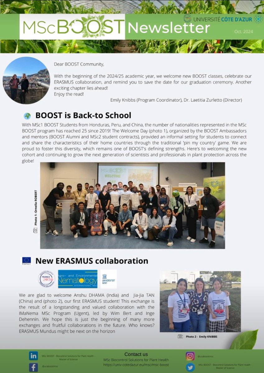 ucaboostmsc's tweet photo. Enjoy the read!
The October edition of the BOOST #Newsletter is out👇 
https://t.co/JEOC6XbnJU

#Master #MSc #International #BOOST #Biocontrol #plantHealth #Agroecology #StudyInFrance #UniCA #DareToCreate https://t.co/Z6RqrKgGkU