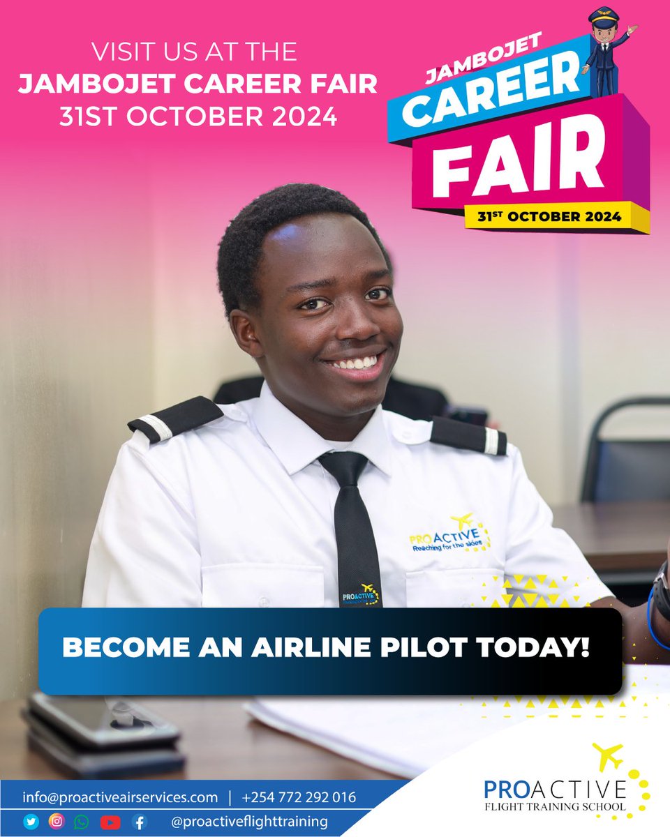 ProactiveFlight's tweet photo. 🌟 Exciting News! 🌟

Proactive Flight Training School will be at the Jambojet Career Fair on October 31st at Pride Centre! Whether you're dreaming of taking to the skies as a pilot, curious about aviation careers, or just want to chat with our amazing team, come visit our stand! https://t.co/lXYsP3vph3