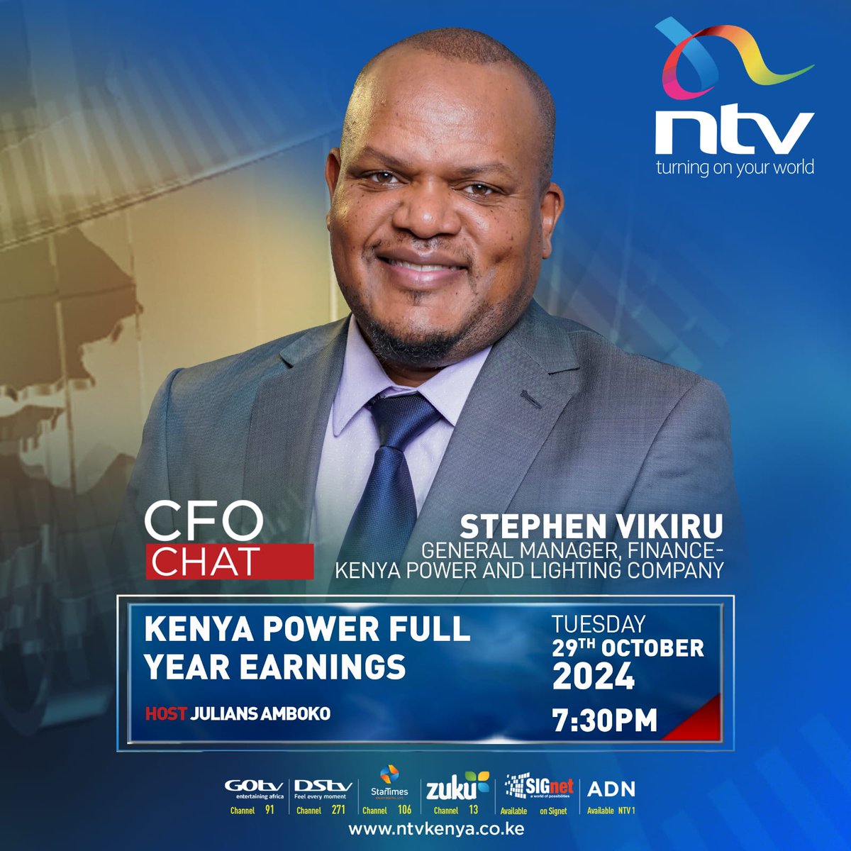 NationFmKE's tweet photo. Kenya Power has posted a shock Kes 30.0 billion in FY2024 net earnings & resumed dividend payment (Kes 0.70/share first & final) after a 7 years drought.

TONIGHT on @ntvkenya's #CFOChat, a one-on-one with Kenya Power's General Manager Finance, Stephen Vikiru, with all the details on the earnings.

Tune in to the conversation at 7:30pm.