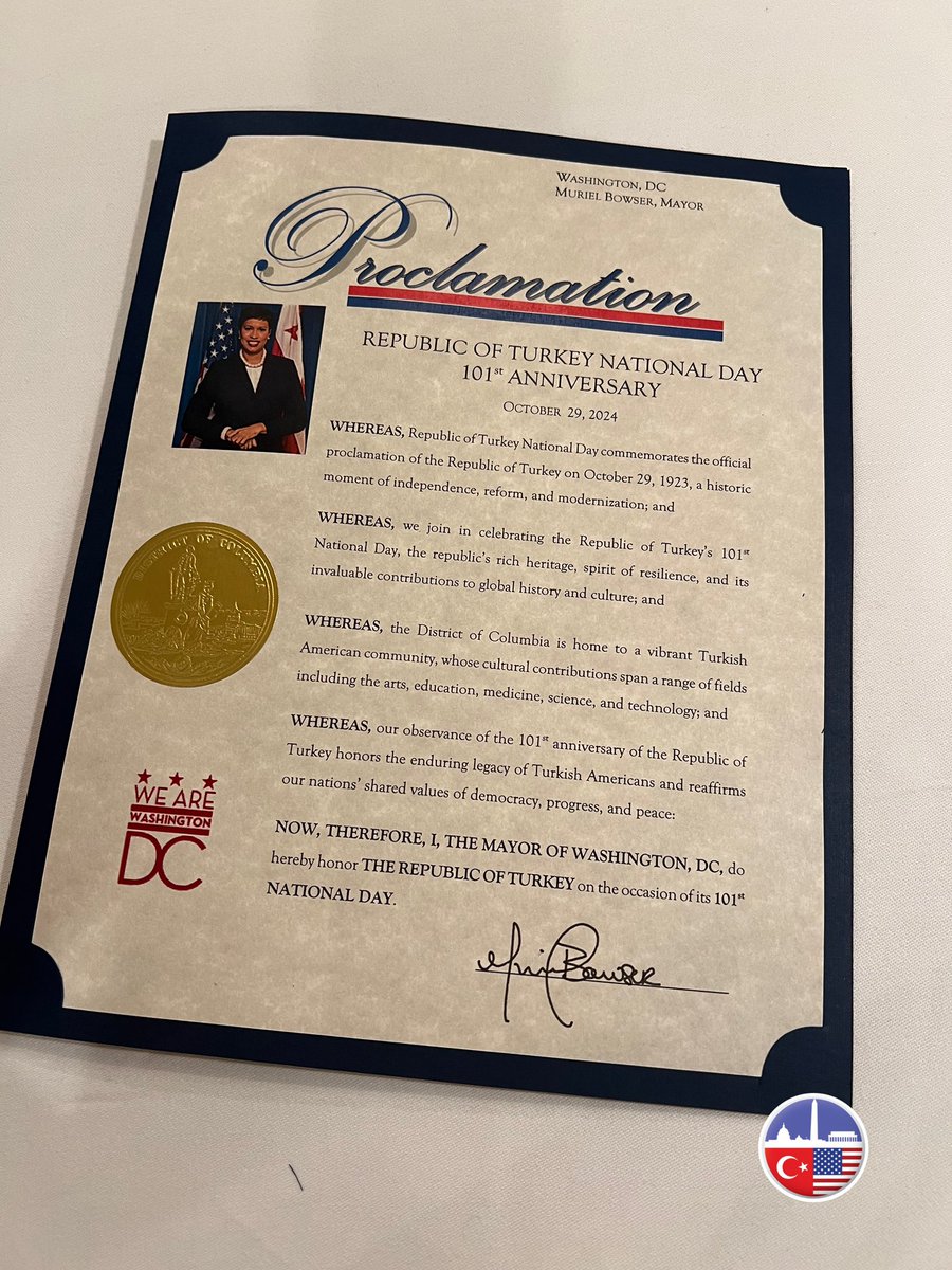 📜✨ We are thrilled to announce that ATA-DC has received a special proclamation from Washington, D.C. Mayor Muriel Bowser, honoring the Republic of Türkiye on the occasion of its 101st National Day! 🇹🇷