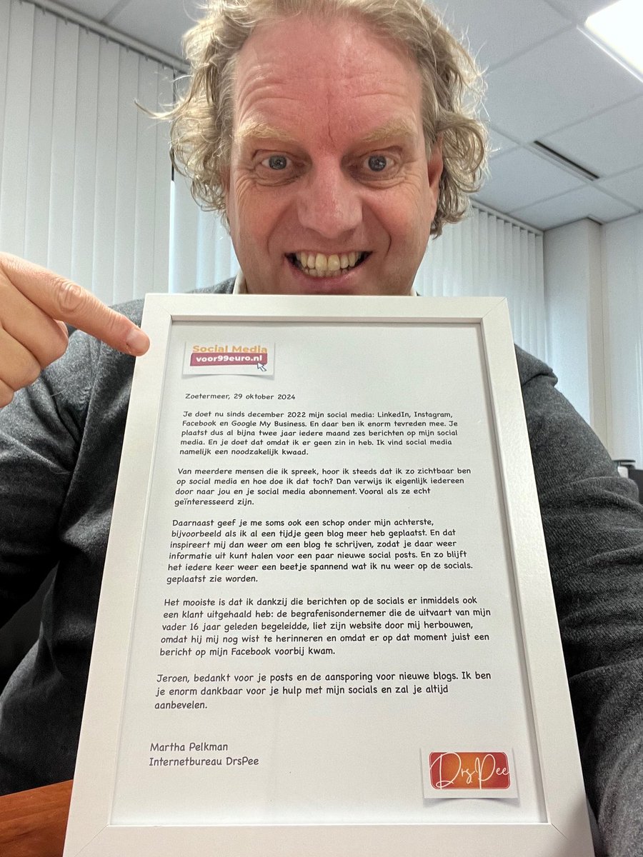 Krijgen jullie weleens een geschreven testimonial, netjes in een lijstje? 💪👍

Vanmorgen kreeg ik bij mijn businessclub een mooie geschreven aanbeveling van Martha Pelkman van Internetbureau DrsPee.

Lees even mee wat ze van mijn dienstverlening vindt...