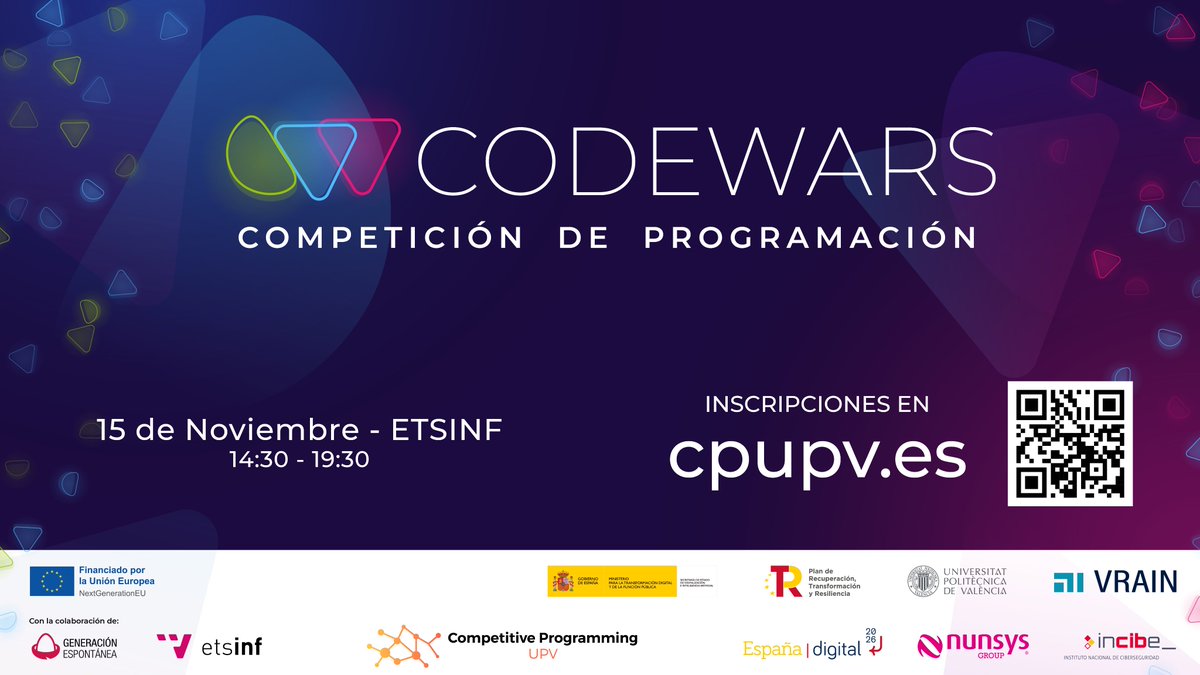 cp_upv's tweet photo. ¡Hola a todos/as!

Competitive Programming UPV te invita a su próxima COMPETICIÓN DE PROGRAMACIÓN - Codewars. Una competición orientada a nuevos programadores, donde todos podrán resolver unos cuantos problemas.

Más en el hilo... https://t.co/5lhGW4Sr2B
