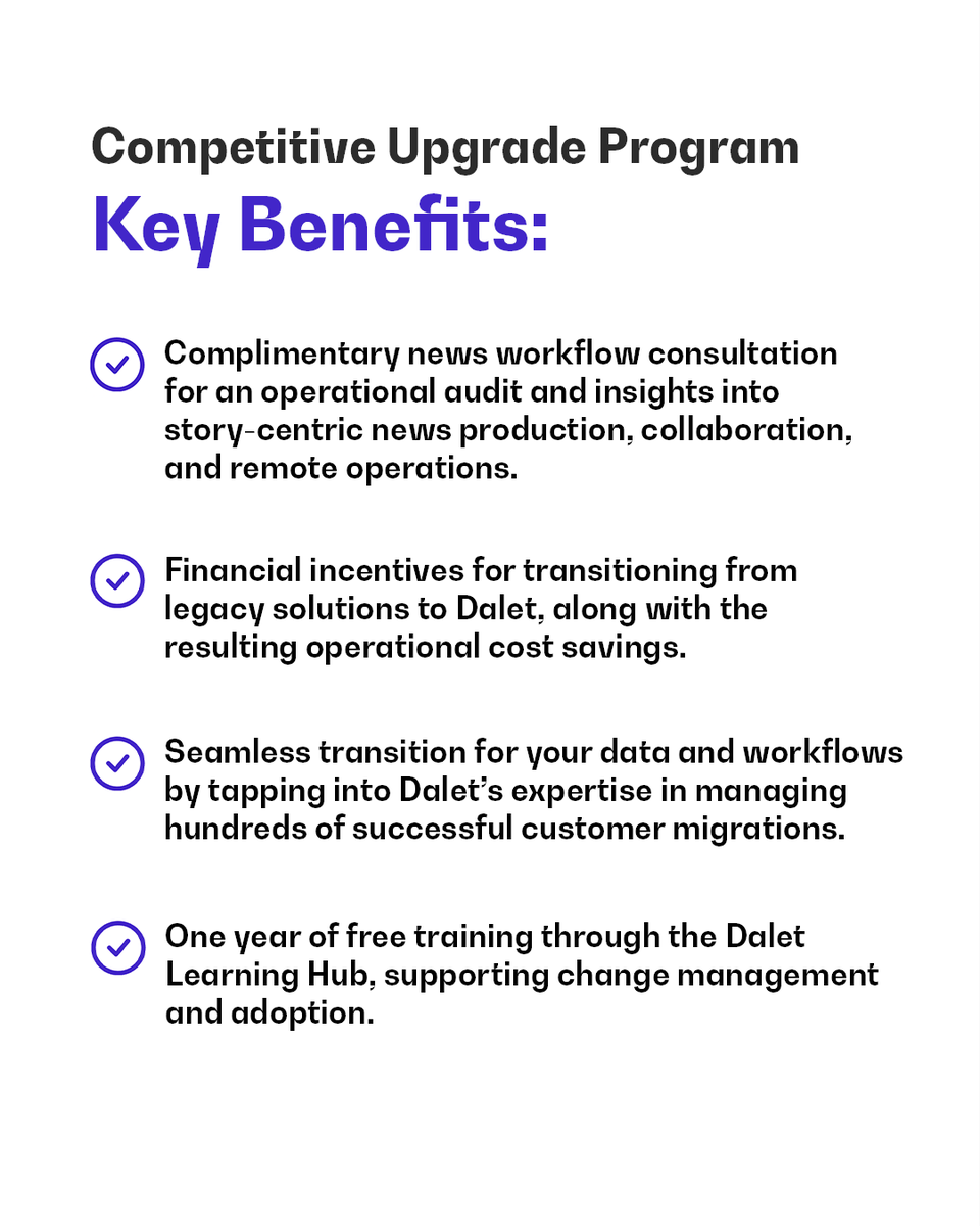 DaletTechnology's tweet photo. Our expanded Competitive Upgrade Program offers a practical, supported path to more agile and collaborative story-centric news workflows, empowering your team and increasing your operational ROI. 📈

Ready to step up? Learn more 👉 https://t.co/Q2Z6cGYSj8 https://t.co/tVn1Ck9EF6