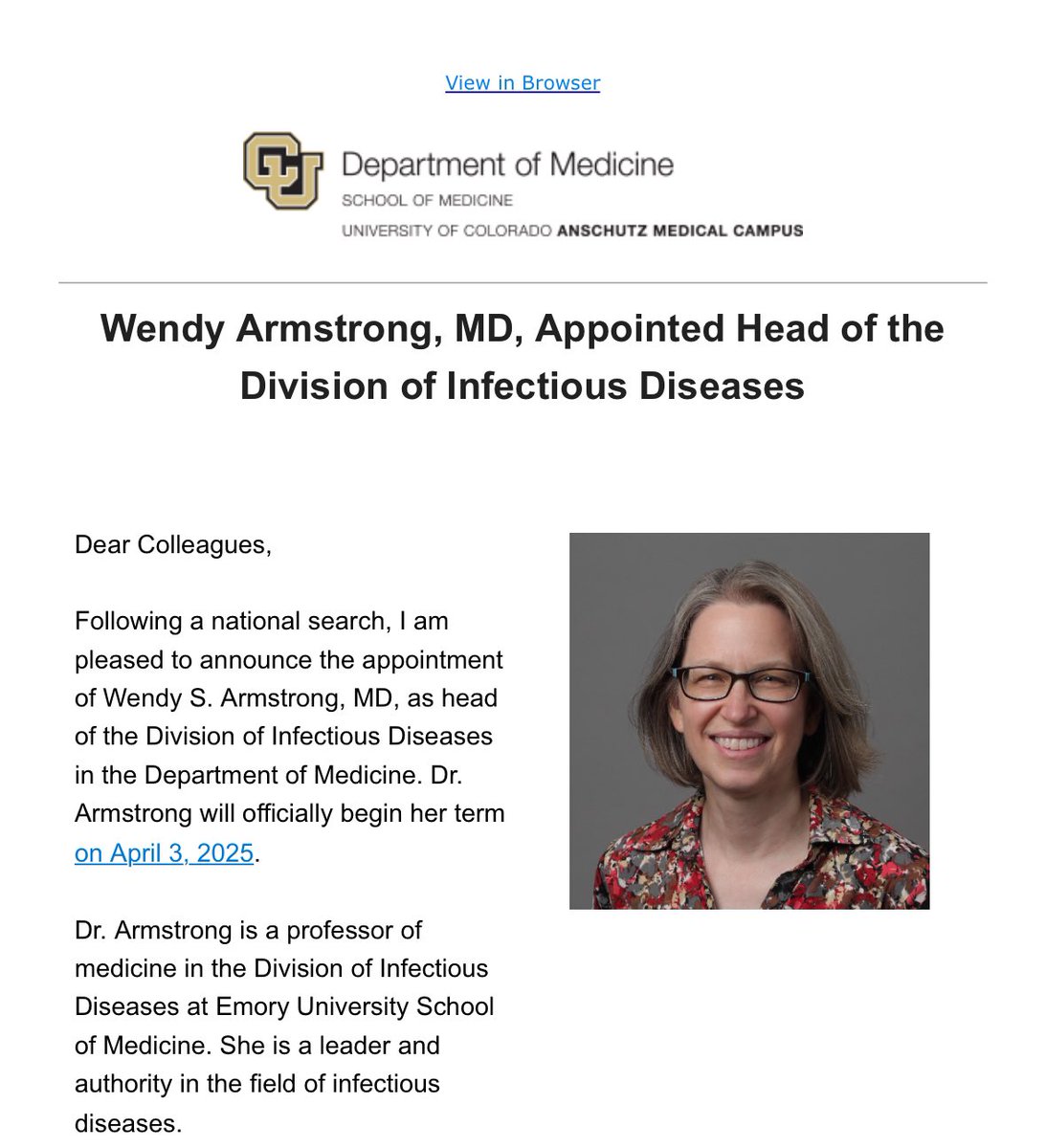 Fernando Holguin (@fholguinmd) on Twitter photo We are so fortunate to have recruited Dr Wendy Armstrong, a world leader in HIV and ID leadership, to Head the Infectious Diseases Division at the University of Colorado <a href="/CU_PSCCM/">CU Pulmonary & Critical Care Medicine</a> <a href="/CUDeptMedicine/">CU Department of Medicine</a> <a href="/EmoryMedicine/">Emory School of Medicine</a> We are so fortunate to have recruited Dr Wendy Armstrong, a world leader in HIV and ID leadership, to Head the Infectious Diseases Division at the University of Colorado <a href="/CU_PSCCM/">CU Pulmonary & Critical Care Medicine</a> <a href="/CUDeptMedicine/">CU Department of Medicine</a> <a href="/EmoryMedicine/">Emory School of Medicine</a>