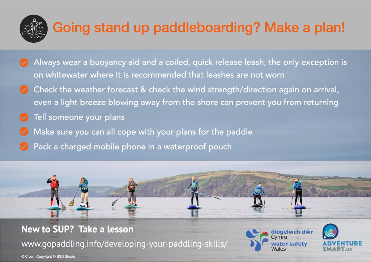 Going Stand Up Paddleboarding? Make a Plan!
🎈  Wear a buoyancy aid and the correct leash
🌡️  Check the weather
💨  Avoid offshore winds
📱  Take a phone
💬Tell   someone your plans
Read more: adventuresmart.uk/paddle-boardin…

#DrowningPrevention   #BeAdventureSmart
#SUP