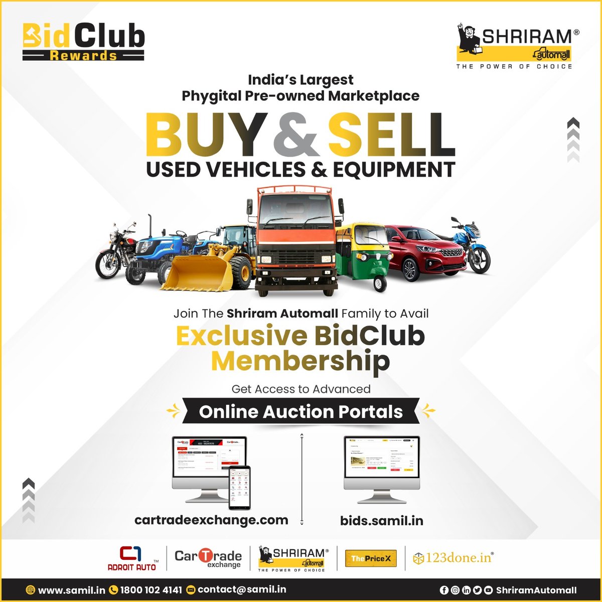 ShriramAutomall's tweet image. Join Shriram Automall, India's largest Phygital Marketplace, to Buy and sell used vehicles and equipment and to avail yourself of exclusive BidClub Membership.

Join Now: bit.ly/4bIam0G
Subscribe us on Youtube: bit.ly/3MfAEM2

#BidClub #MembershipProgram