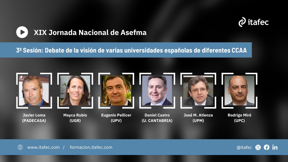 itafec (@itafec) on Twitter photo En la mesa redonda de la 3ª sesión de #XIXJornadaAsefma debaten las principales universidades:
<a href="/javloma/">Javier Loma</a> (@padecasa)
<a href="/PellicerEugenio/">Eugenio Pellicer</a> (<a href="/UPV/">Universitat Politècnica de València</a>)
<a href="/maycarubio/">Mayca Rubio</a> (<a href="/CanalUGR/">Universidad Granada</a>)
Daniel Castro (<a href="/unican/">Universidad de Cantabria</a>)
Rodrigo Miró (<a href="/la_UPC/">Universitat Politècnica de Catalunya (UPC)</a>)
<a href="/jmatienzariera/">José Miguel Atienza</a> (<a href="/La_UPM/">Universidad Politécnica de Madrid</a>)
💻 En directo👉 ow.ly/vtbO50TQA0J En la mesa redonda de la 3ª sesión de #XIXJornadaAsefma debaten las principales universidades:
<a href="/javloma/">Javier Loma</a> (@padecasa)
<a href="/PellicerEugenio/">Eugenio Pellicer</a> (<a href="/UPV/">Universitat Politècnica de València</a>)
<a href="/maycarubio/">Mayca Rubio</a> (<a href="/CanalUGR/">Universidad Granada</a>)
Daniel Castro (<a href="/unican/">Universidad de Cantabria</a>)
Rodrigo Miró (<a href="/la_UPC/">Universitat Politècnica de Catalunya (UPC)</a>)
<a href="/jmatienzariera/">José Miguel Atienza</a> (<a href="/La_UPM/">Universidad Politécnica de Madrid</a>)
💻 En directo👉 ow.ly/vtbO50TQA0J