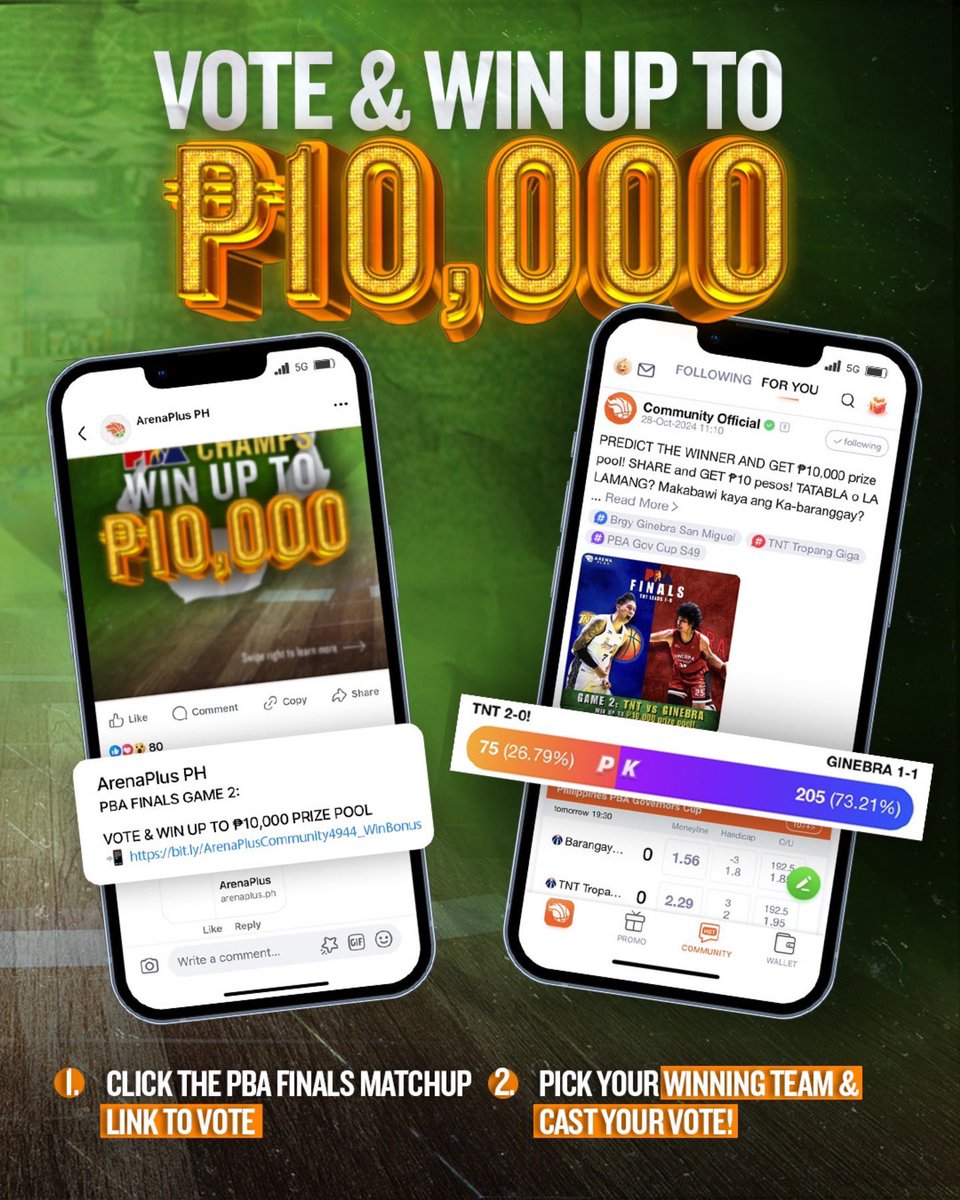 arenaplusph's tweet photo. Doble ang saya handog ng #APamaskoSaPBA Finals Game 2 🤩

Tabla o Alagwa? Abangan ang   @barangayginebra vs. @tnttropanggiga match up 🔥

📆October 27-November 10 
🕓 07:30 PM (PH TIME)

Tara na’t manood ng #ArenaPlusLive X’s and O’s sa @rptv.ph and @onesportsphl 

Vote now & WIN UP TO ₱10,000 PRIZE POOL on #PBA  📲 LINK IN BIO

#ArenaplusPH #AstigSaSports #KasamaKaSaPanalo #OneSports #PBA #EveryonesGame #PBAAngatAngLaban #NeverSayDie #TropangGIGA