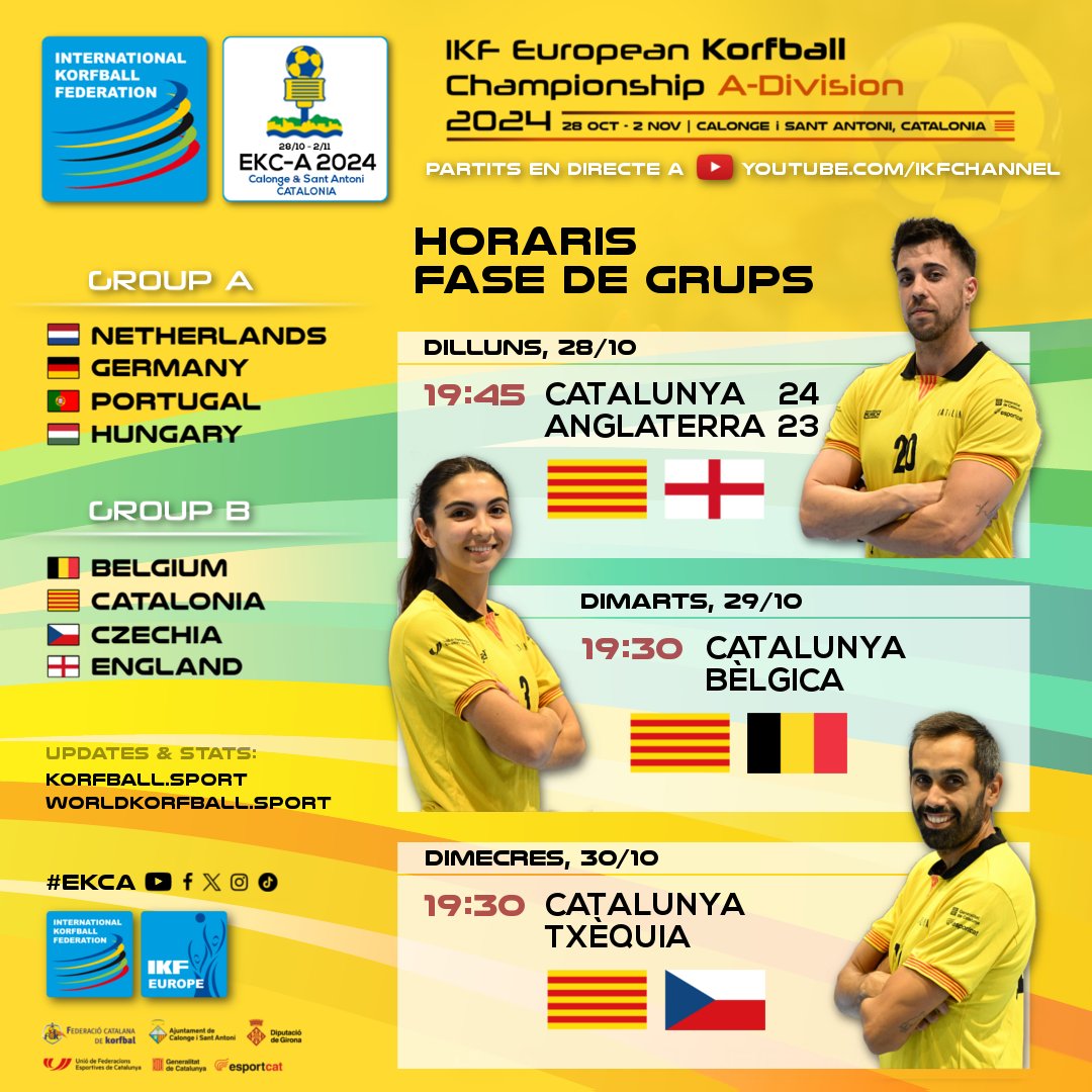 El pròxim partit de Catalunya al Campionat d'Europa de #Korfbal 2024 es juga avui dimarts a les 19:30 h contra la potent selecció de Bèlgica. Podeu seguir el partit en directe a korfbal.cat/ekc2024 #SomhiCatalunya <a href="/korfball/">Korfball.org - IKF</a> #korfball

🗓️ 28/10-2/11 📍 Calonge i Sant Antoni