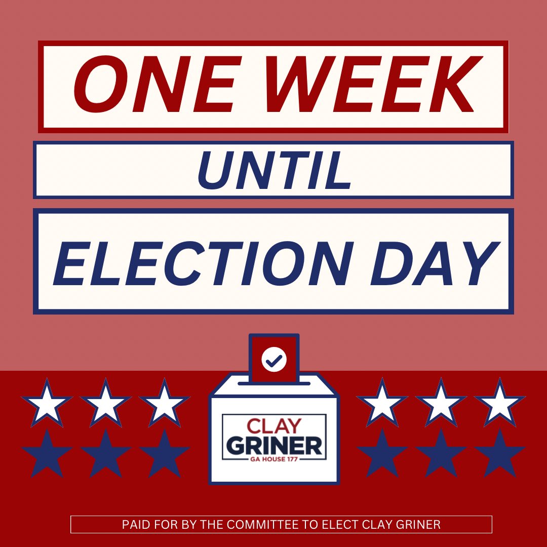 ClayGrinerForGA's tweet photo. One week until Election Day - make a plan and make your voice heard! https://t.co/BdpDhtAxZQ