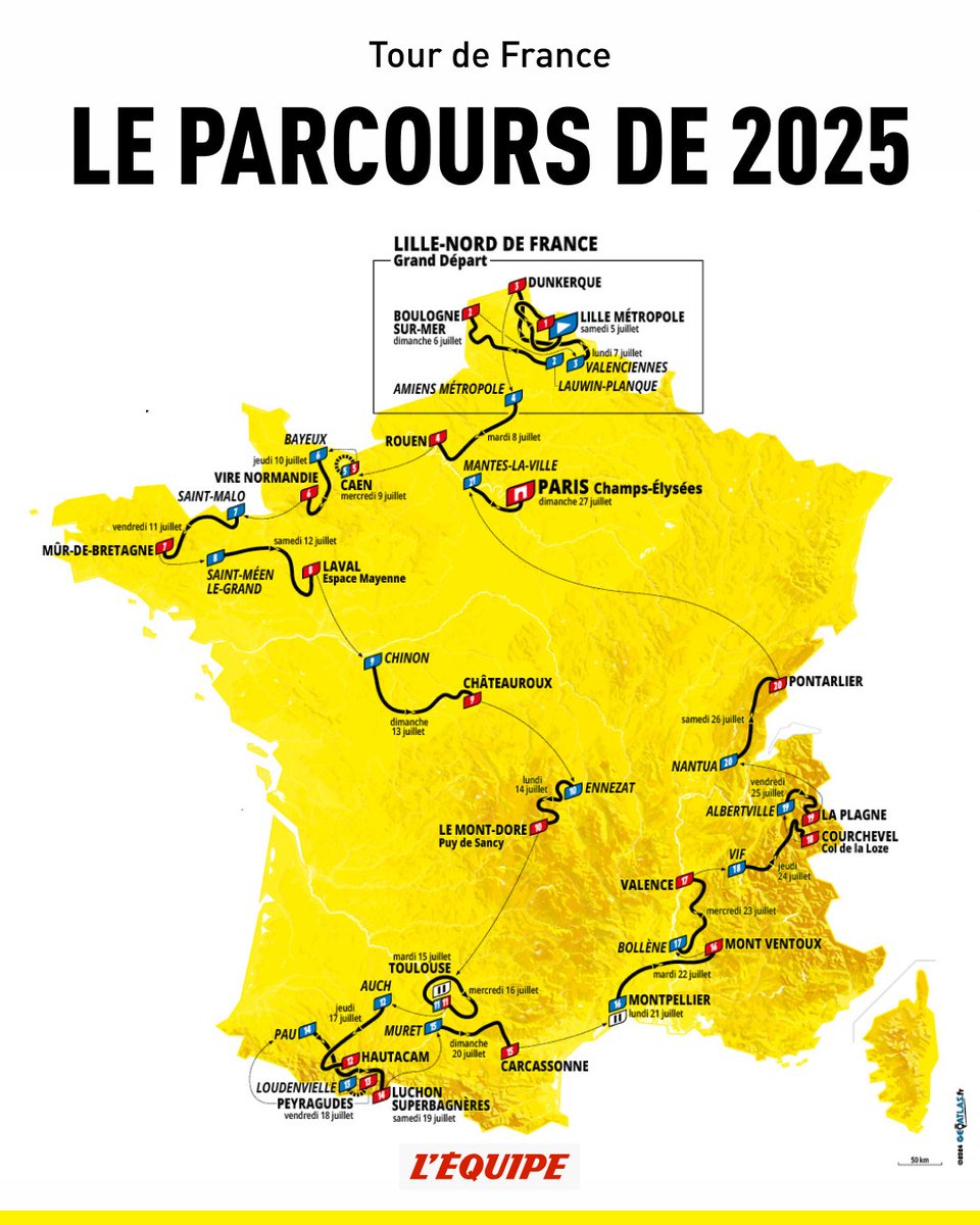lequipe's tweet image. Voici le parcours du Tour de France 2025 ! 

#TDF2025