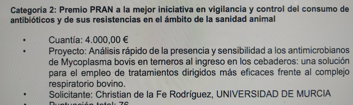 Christian de la Fe (@health_sherlock) on Twitter photo Nuestro equipo recibe el premio <a href="/PRANgob/">Plan Antibióticos</a> 2024 a la mejor iniciativa para reducir el consumo de antibióticos en Sanidad Animal! Otro motivo para seguir trabajando duro! Fundamental la colaboracion de las empresas <a href="/Jisap_es/">Jisap</a> <a href="/BosNostrum/">BOS NOSTRUM</a> <a href="/Cargill/">Cargill</a> #ADSvacuno de Lorca
<a href="/colvetmur/">@ColVetMur</a> <a href="/UMU/">Universidad Murcia</a> Nuestro equipo recibe el premio <a href="/PRANgob/">Plan Antibióticos</a> 2024 a la mejor iniciativa para reducir el consumo de antibióticos en Sanidad Animal! Otro motivo para seguir trabajando duro! Fundamental la colaboracion de las empresas <a href="/Jisap_es/">Jisap</a> <a href="/BosNostrum/">BOS NOSTRUM</a> <a href="/Cargill/">Cargill</a> #ADSvacuno de Lorca
<a href="/colvetmur/">@ColVetMur</a> <a href="/UMU/">Universidad Murcia</a>