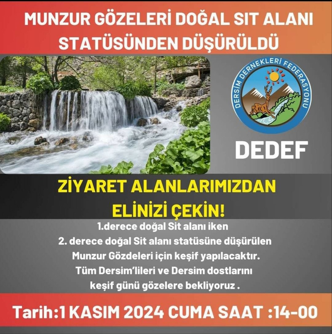 MunzurKoruma's tweet photo. Munzur Gözeleri’nin sit alanı statüsünün düşürülmesine karşı açılan dava kapsamında 1 Kasım 2024’te Saat 14:00’te Munzur Gözelerinde keşif yapılacaktır. Keşif günü dostlarımızı çerağ ve lokmaları ile saat 14.00 da Munzur Gözelerinde bekliyoruz.
Gözeler, Ziyaret alanımızdır! https://t.co/fR44ba2QEn