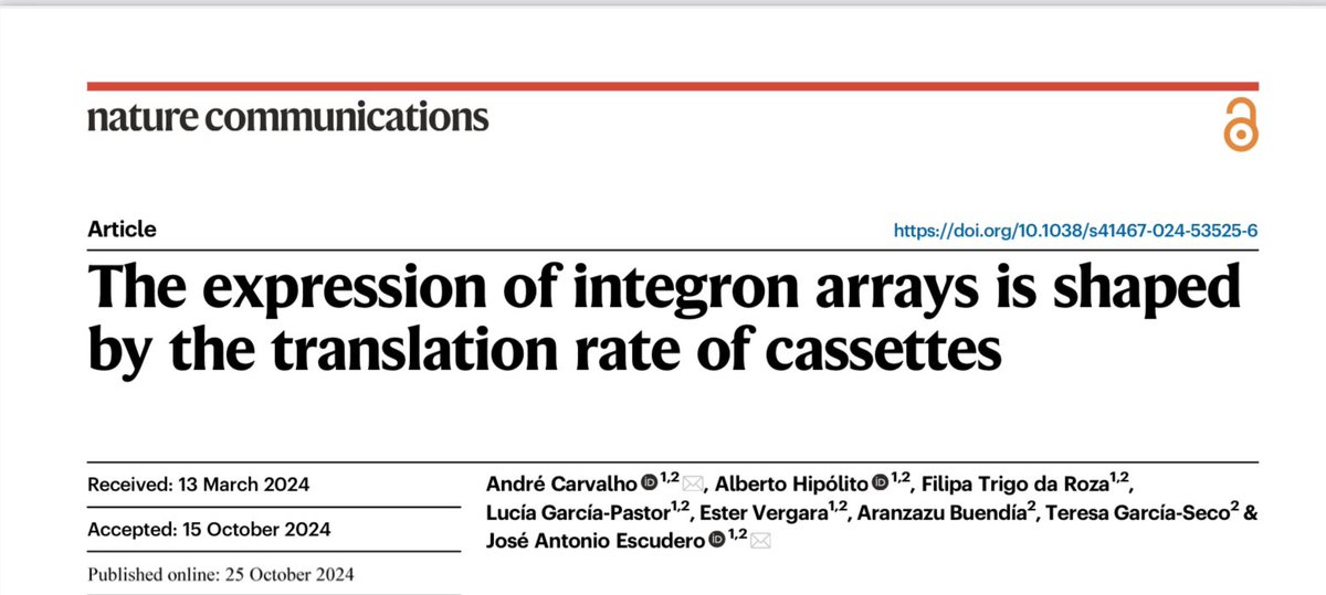 Jose A Escudero (@jaegc) on Twitter photo Finally out after peer review, our update on the integron model showing that translation rates of cassettes in first position influence the phenotypes conferred by others downstream.
Great effort by <a href="/AndrePCarvalho/">André Carvalho</a>
nature.com/articles/s4146… Finally out after peer review, our update on the integron model showing that translation rates of cassettes in first position influence the phenotypes conferred by others downstream.
Great effort by <a href="/AndrePCarvalho/">André Carvalho</a>
nature.com/articles/s4146…