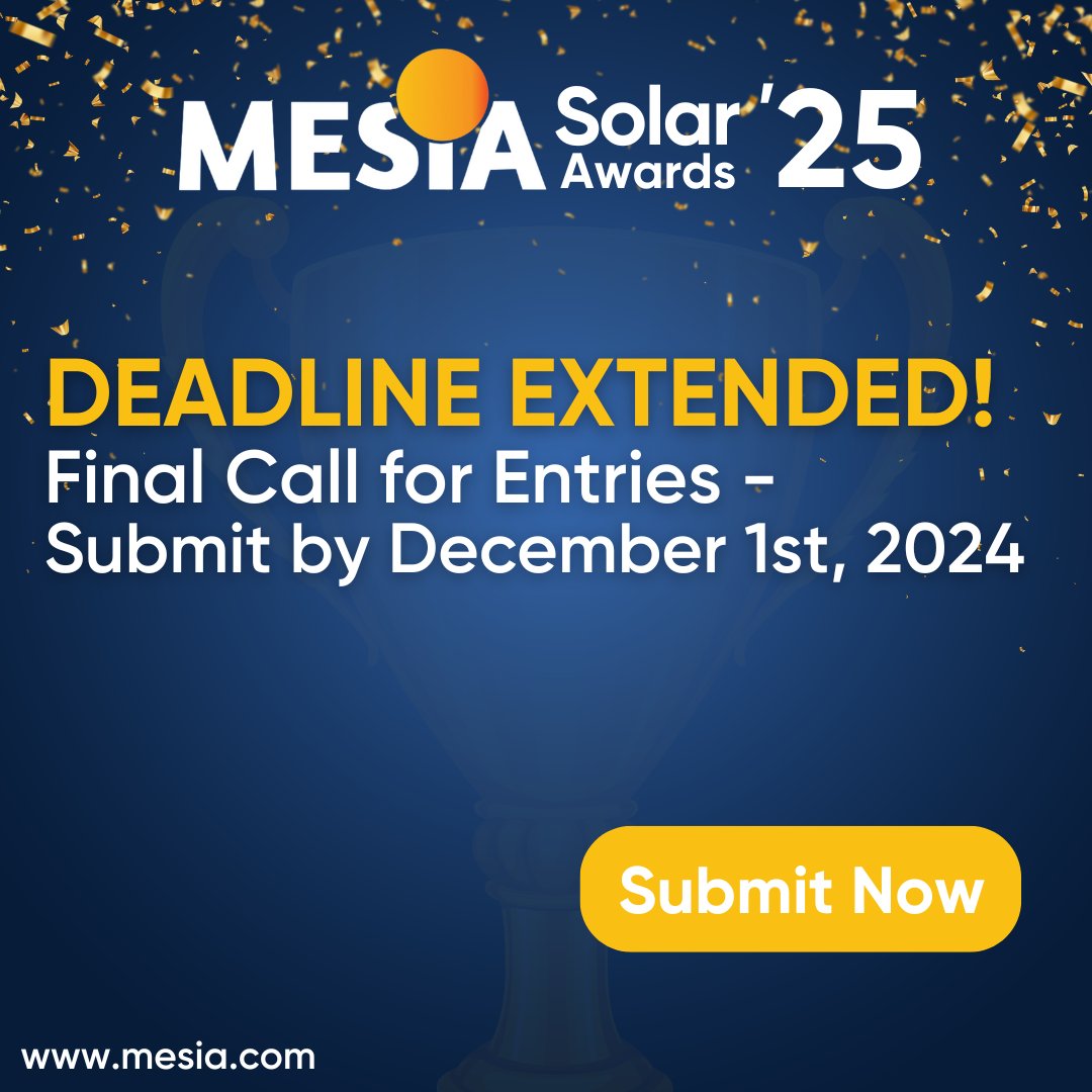 MiddleEastSolar's tweet image. Exciting News! 🌞 The MESIA Solar Awards deadline is extended to Dec 1, 2024! Explore award categories &amp;amp; secure your spot: 👉 mesia.com/mesia-solar-aw…

Join us at the ceremony on Jan 15, 2025, at WFES, ADNEC, Abu Dhabi: mesia.glueup.com/event/mesia-so…

#SolarAwards #RenewableEnergy #MESIA