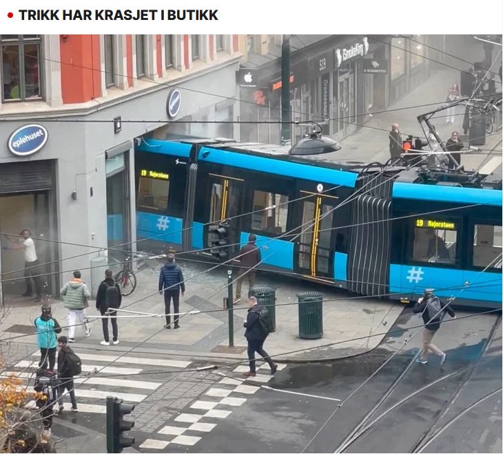 EuropeNewsEU's tweet photo. Unusual thing happened today. A tram derailed and crashed into... a computer store in central Oslo, creating a scene of chaos. The accident, which occurred with around 20 passengers on board, resulted in four injuries, including the tram driver. Witnesses described the situation as surreal and chaotic.