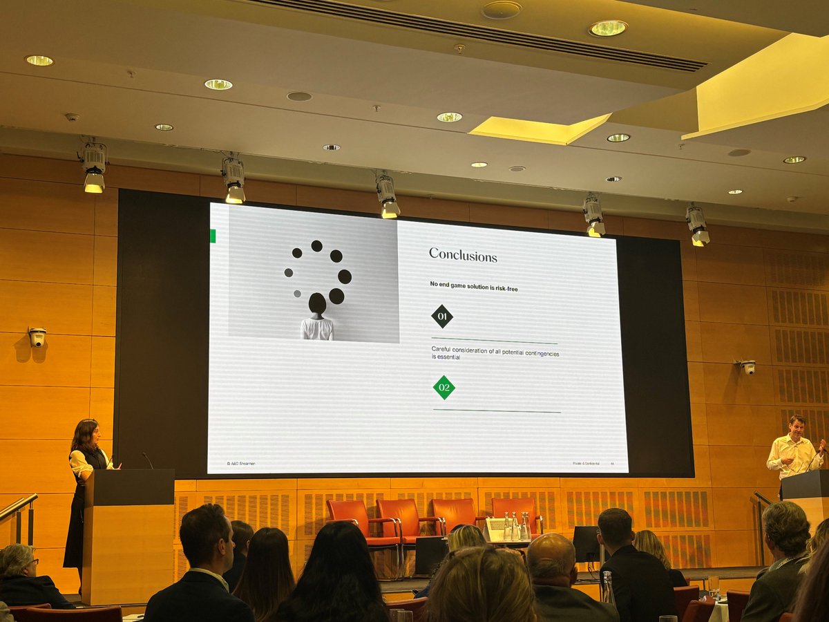 PMIPensions's tweet image. A&amp;amp;O Shearman summarise their presentation with some key takeaways:

- No end game solution is risk free.
- It is important to take careful consideration of all potential contingencies.

#Endgameconference