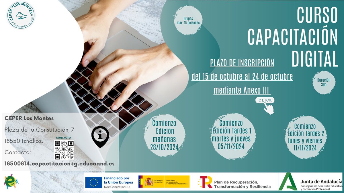 Ampliamos el plazo de inscripción hasta el 5/11 para la Edición de Tardes 2. 
Comienzo 11 de noviembre
Lunes y viernes 16:00 a 21:00
Descarga tu impreso de drive.google.com/drive/folders/…
Recuerda que el certificado sirve para ACREDITA
<a href="/edpermanente/">Educación Permanente Personas Adultas Andalucía</a> <a href="/DGPeIE/">DG de Participación e Inclusión Educativa</a> <a href="/EducaAnd/">Consejería Desarrollo Educativo y FP</a> <a href="/fadultos/">Educación de Personas Adultas</a>