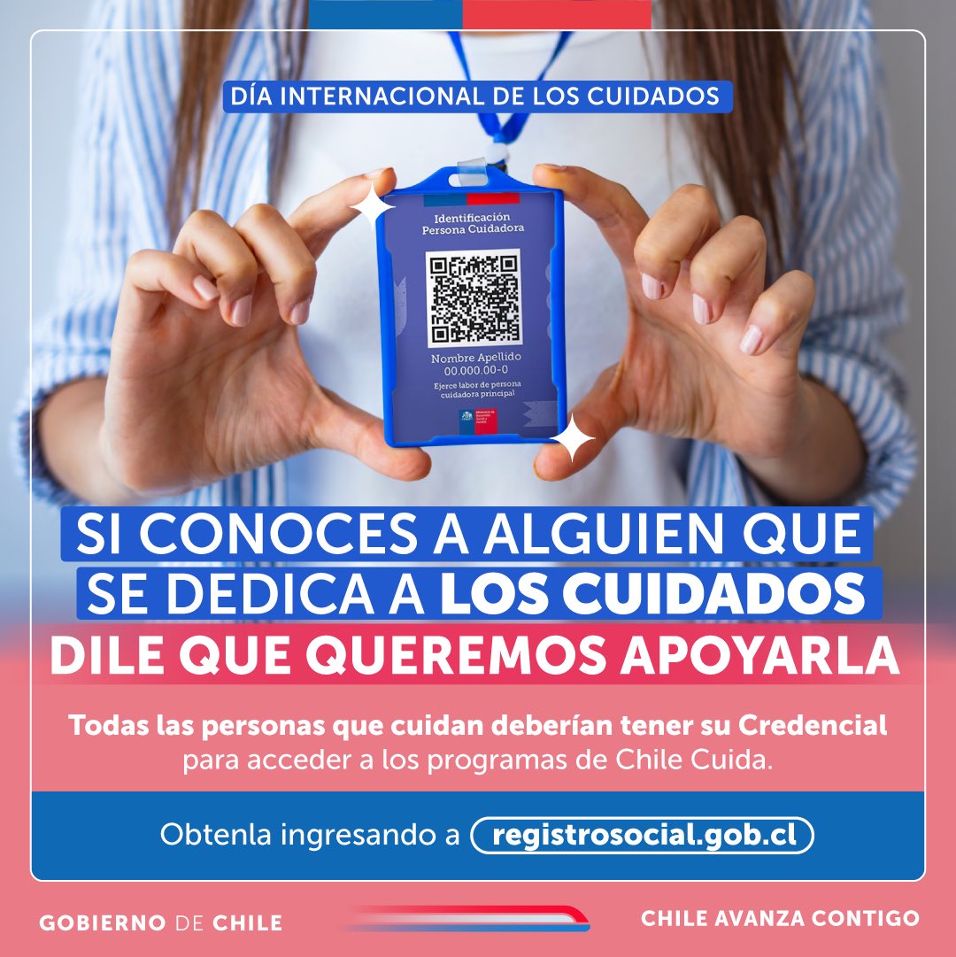 En este Día Internacional del Cuidado te invitamos a que, si conoces a alguien que cuida, le digas que ¡queremos ayudarla!

👉🏽 Al inscribirse como personas cuidadoras en el registrosocial.gob.cl y obtener su credencial, podrán acceder a toda la oferta de #ChileCuida.