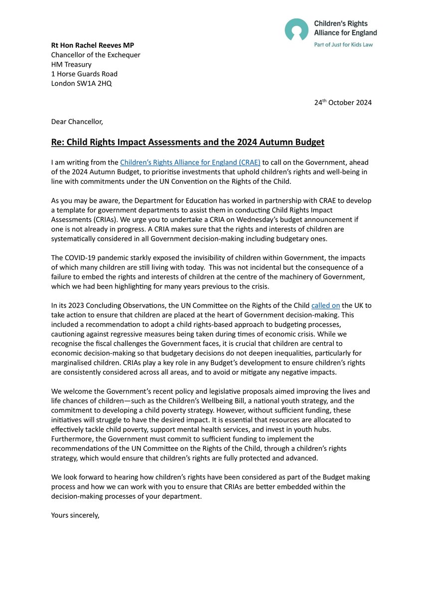 Child Rights Impact Assessments are crucial for ensuring that rights &amp; needs of children are systematically considered in all Government decision-making, including budgetary ones.

We wrote to Chancellor <a href="/RachelReevesMP/">Rachel Reeves</a> ahead of tomorrow's Budget to emphasise their importance.👇