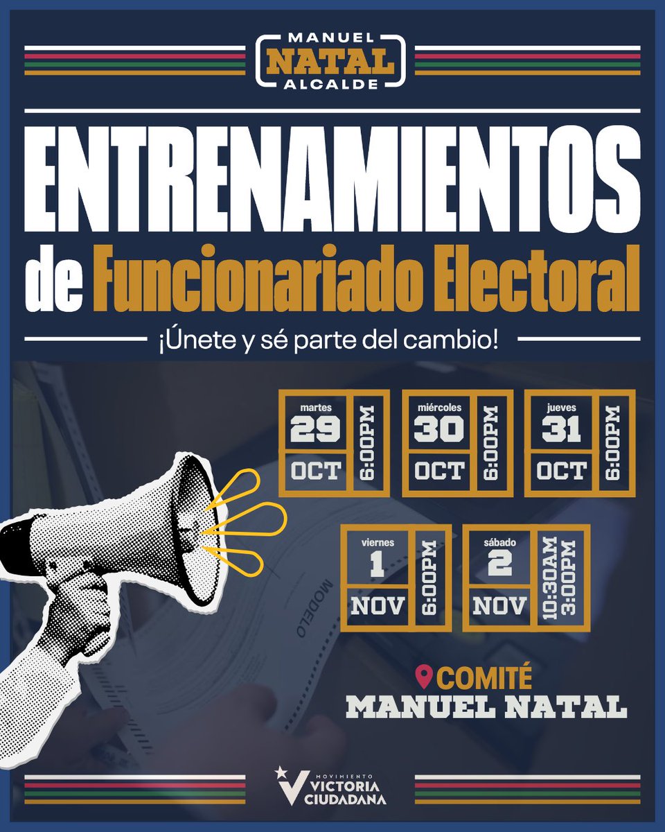 Manuel Natal Albelo (@manuelnatal) on Twitter photo Tenemos las candidaturas, tenemos las propuestas y tenemos el momentum hacia la elección. Ahora necesitamos defender los votos.
Únete al equipo de funcionariado electoral de la <a href="/AlianzaporSJ/">Alianza por San Juan</a>. Hoy y todos los días tendremos talleres electorales en el comité de campaña a las 6pm. Tenemos las candidaturas, tenemos las propuestas y tenemos el momentum hacia la elección. Ahora necesitamos defender los votos.
Únete al equipo de funcionariado electoral de la <a href="/AlianzaporSJ/">Alianza por San Juan</a>. Hoy y todos los días tendremos talleres electorales en el comité de campaña a las 6pm.