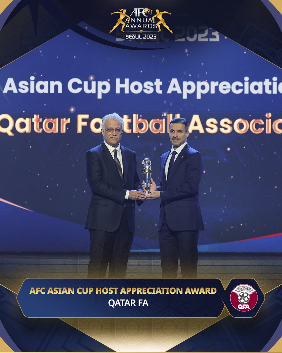The AFC Asian Cup Host Appreciation Award goes to #AsianCup2023 hosts 🇶🇦Qatar Football Association for their excellent efforts in making Asia’s premier competition an unforgettable experience! 

#AFCAwards2023