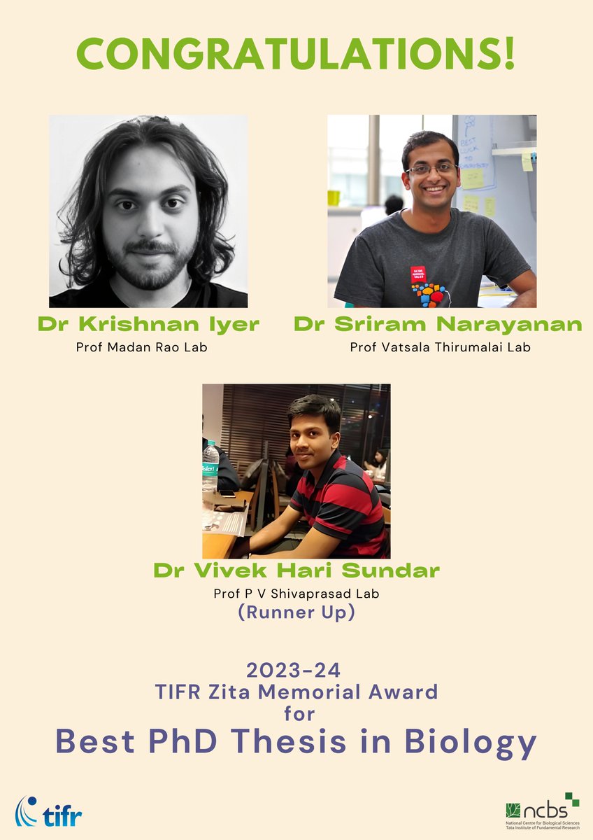 National Centre for Biological Sciences (@ncbs_bangalore) on Twitter photo #Congratulations! to Dr Krishnan Iyer, and Dr Sriram Narayanan on being awarded the Zita Memorial Award for Best PhD Thesis in Biology by <a href="/TIFRScience/">Tata Institute of Fundamental Research</a> !
And a special shoutout to Dr Vivek Hari Sundar for receiving an honourable mention!
<a href="/VatsalaT/">Vatsala Thirumalai</a> <a href="/shivaprasad_pv/">Shiva prasad</a> <a href="/VivekHariSunda1/">Vivek Hari Sundar</a> #Congratulations! to Dr Krishnan Iyer, and Dr Sriram Narayanan on being awarded the Zita Memorial Award for Best PhD Thesis in Biology by <a href="/TIFRScience/">Tata Institute of Fundamental Research</a> !
And a special shoutout to Dr Vivek Hari Sundar for receiving an honourable mention!
<a href="/VatsalaT/">Vatsala Thirumalai</a> <a href="/shivaprasad_pv/">Shiva prasad</a> <a href="/VivekHariSunda1/">Vivek Hari Sundar</a>