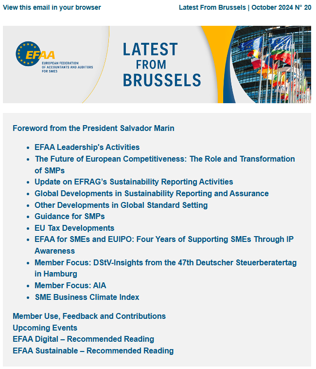 🚀#EFAAforSMEs #LatestfromBrussels new edition is available!
📉In this issue
📌#SMP and #EUCompetitiveness
📌#SustainibilityReporting
📌#SustainibilityAssurance
📌EFAA members focus

Find more here👉bit.ly/3CcBaIR

#SMEs #Accounting #EFRAG #EUIPO #DStVberlin #AIA
